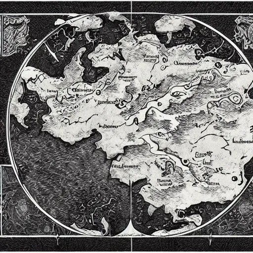 Image similar to simple fantasy map, the land of Odrua, several continents arranged in an arc, world of Lute, by JRR Tolkien and Brian Froud, Vatican Map Room, vector art, trending on art station, oceans, continents