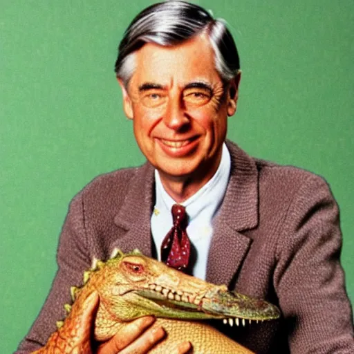 Image similar to mr. rogers proudly displaying a skinned alligator. 1 9 7 0 s color photo.