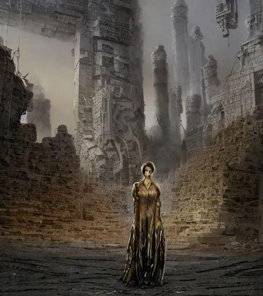 Prompt: tarkovsky greatest scene, the ancient destroyed majestic tower of babylon, woman in futuristic cyber clothing, transparent puffer jacket, hyper realistic, virtual background, cyber world, ambient lighting, concept art, intricate, hyper detailed, smooth, dynamic volumetric lighting, octane, ray trace, cinematic, high quality, high resolution, 4 k, cgsociety