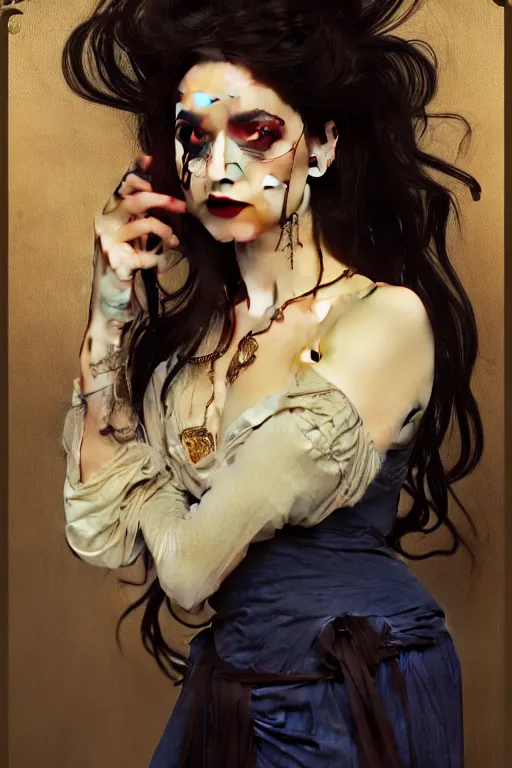 Image similar to 3 / 4 portrait, vampire, brown skin, night, long black hair, prussian blue shirt, beautiful, victorian salon as the background, bloodied mouth, jewelry, alphonse mucha, william bouguereau, rossdraws, greg rutkowski, super detailed, realistic, octane render, volumetric, cinematic, 8 k