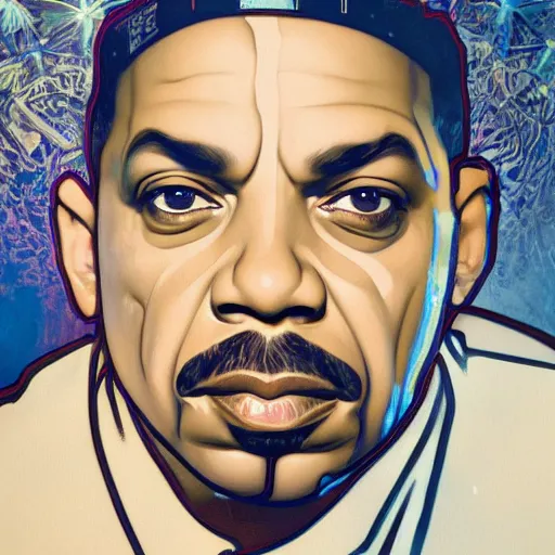 Prompt: ice - t portrait, shot with ice cubes, by alfons mucha, golden hour, realistic, body shot, sharp focus, 8 k high definition, insanely detailed, intricate, elegant, cherry blossoms