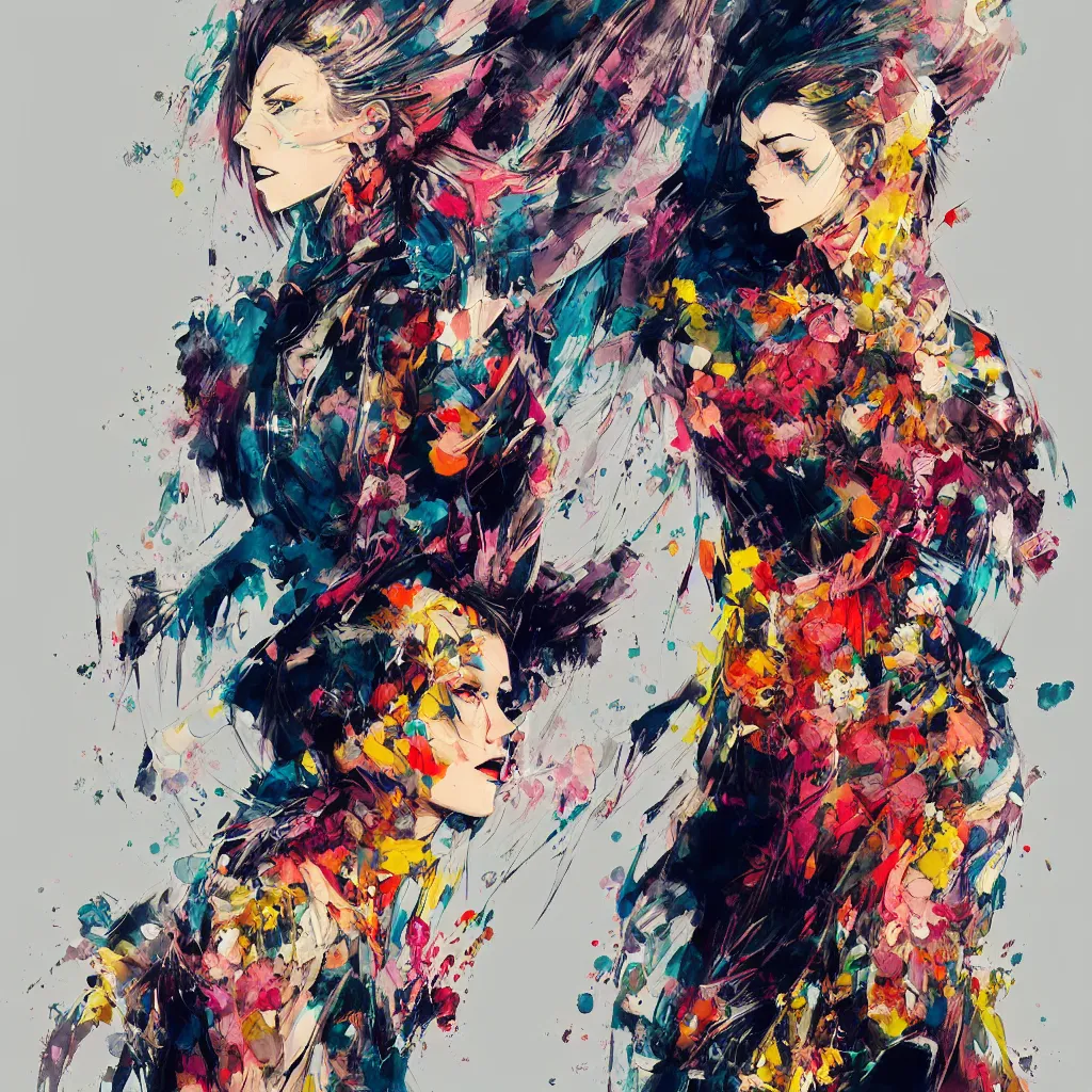 Image similar to an ultra detailed beautiful painting of a stylish woman with colorful haute couture dress, concert poster, retro, yoji shinkawa, conrad roset, greg rutkowski