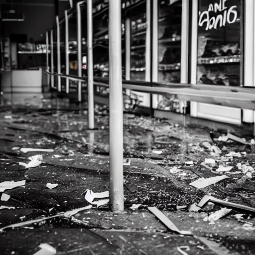 Prompt: a ransacked grocery store, broken signs, filthy flooring. Vines growing. Jpeg artifacts. Award-winning photo. Sigma 40mm f/1.4 DG HSM