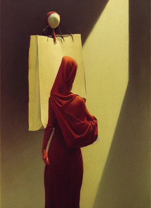 Image similar to woman with a paper bag over the head and a sward Edward Hopper and James Gilleard, Zdzislaw Beksinski, Steven Outram highly detailed