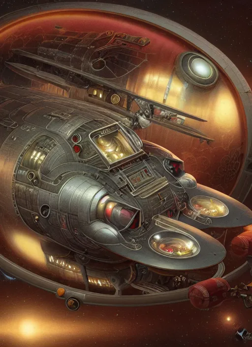 Image similar to highly detailed wide - angle portrait of a retro a retro mechanical saucer spaceship, nicoletta ceccoli, mark ryden, lostfish, earl nore, hyung tae, frank frazetta, global illumination, detailed and intricate environment