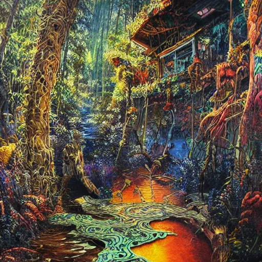 Prompt: insanely detailed, intricate ink illustration, prismatic holographic ink beautiful planet the journey darren arnofsky Kent williams junglepunk landscape oil painting