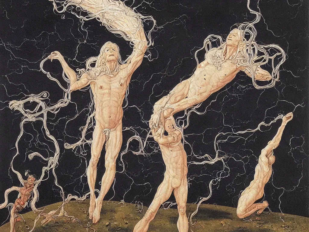 Image similar to Albino demigod in a white cloth taming the nuclear explosion in space. Limbs, flares, living tendril creatures. Painting by Lucas Cranach, Moebius, Max Ernst