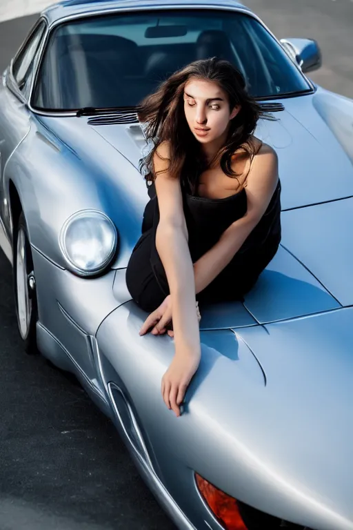 Prompt: Photo of a beautiful model sitting on the hood of a silver Porsche 911 Carrera 3.2, daylight, dramatic lighting, award winning, highly detailed, fine art photography