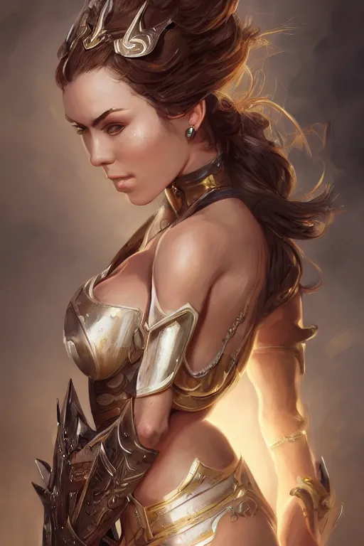 Image similar to three-quarters portrait pose of a beautiful woman, slim body, shining armor, human warrior, fantasy, intricate, elegant, highly detailed, digital painting, artstation, concept art, matte, sharp focus,D&D, illustration, art by Stanley Lau