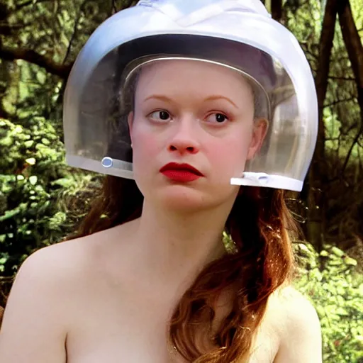 Image similar to Thora Birch wearing an ant helmet