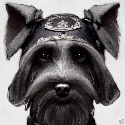 Image similar to portrait of stoic looking miniature schnauzer, military uniform, black fir, white eyebrows, fantasy, intricate, elegant, highly detailed, centered, dark, smokey, digital painting, artstation, concept art, smooth, sharp focus, illustration, art by artgerm and greg rutkowski and alphonse mucha