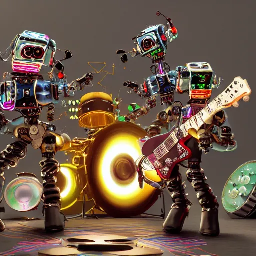 Image similar to album art, robos rock, rockband with 3 steampunk robots playing guitar and drums, r. o. b. o. s. r. o. c. k., 8 k, flourescent colors, halluzinogenic, multicolored, exaggerated detailed, front shot, 3 d render, octane