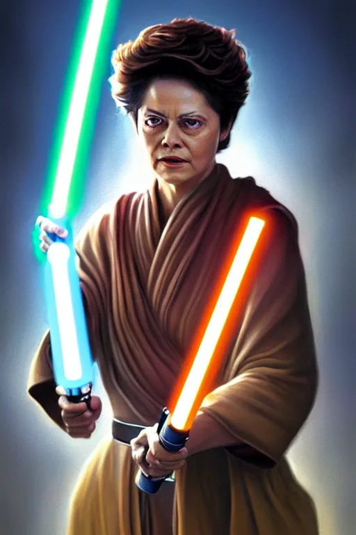 Image similar to breathtaking detailed concept art painting of a jedi dilma rousseff holding a lightsaber, by hsiao - ron cheng, exquisite detail, extremely moody lighting, 8 k