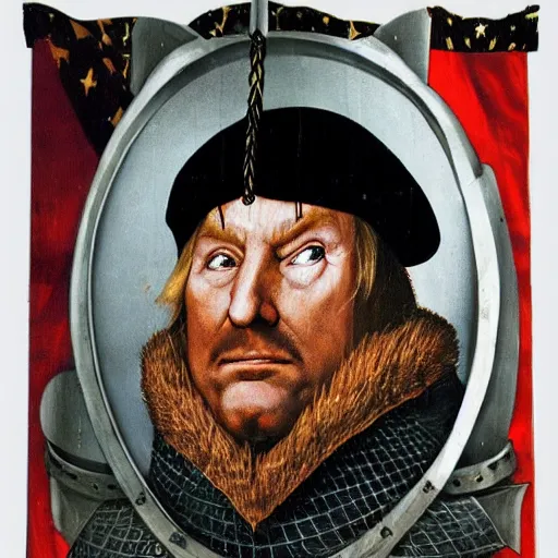 Image similar to donald trump wearing knights armor!!!!, donald trump holding a crazy broadsword, donald trump ’ s highly detailed face, donald trump ’ s handsome face, by hans holbein