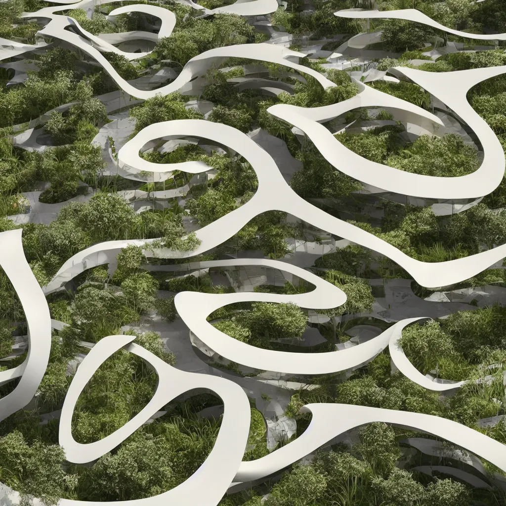 Prompt: “ an incredibly smooth curvilinear architectural spatial immersive sculpture, unfolding continuous golden surfaces enclose a visually complex garden designed by zaha hadid, architecture render ”