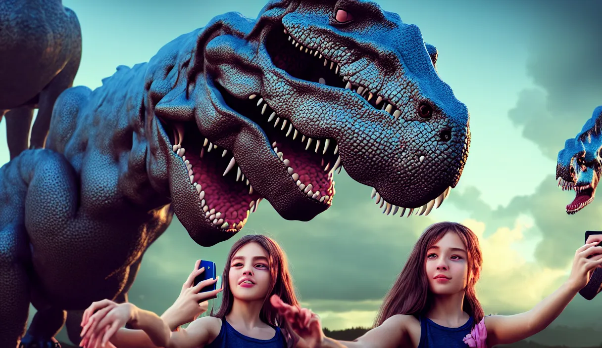 Image similar to portrait of a girl making selfie with her beloved tyrannosaurus, high detail, raytracing, back light, digital art, raymarching, by zdenek burian