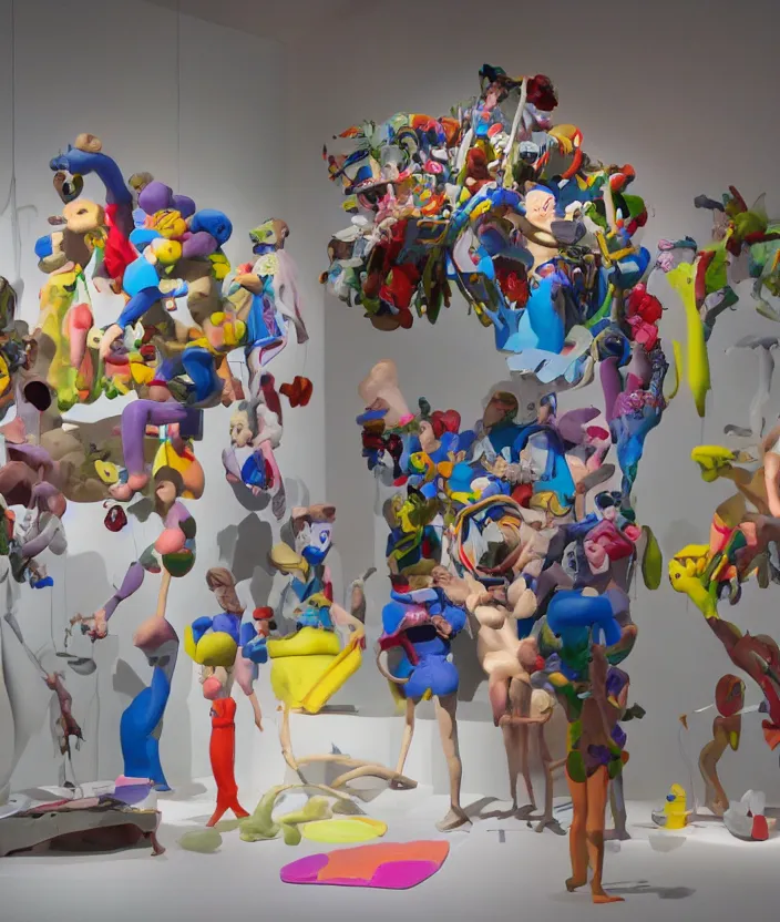 Image similar to a claymation film still of a contemporary sculpture / collection / contemporary art / gallery / museum / claymation by jeff koons and bruce bickford