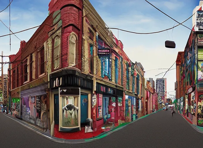 Image similar to north melbourne street, lowbrow, cables, matte painting, 3 - d highly detailed, in the style of mark ryden