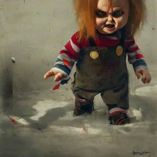 Prompt: the doll chucky fighting the doll annabelle in oslo, oil painting, by greg rutkowski