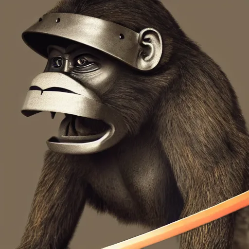 Image similar to Sumi-e painting of a monkey, wearing traditional samurai armor, helmet and mempo, welding a katana, octane render, hyper realistic, full body shot, rendered in 8K resolution, black ink painting