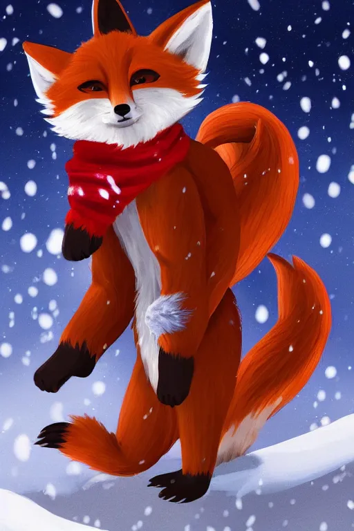 Image similar to an anthropomorphic fox with a fluffy tail wearing a scarf playing in the snow, backlighting, trending on artstation, digital art, furry art, trending on furaffinity