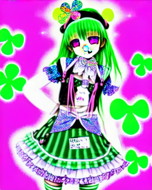 Image similar to a hologram of decora styled green haired yotsuba koiwai wearing stylish gothic lolita clothes, background full of lucky clovers and shinning stars, holography, irridescent, baroque visual kei decora art