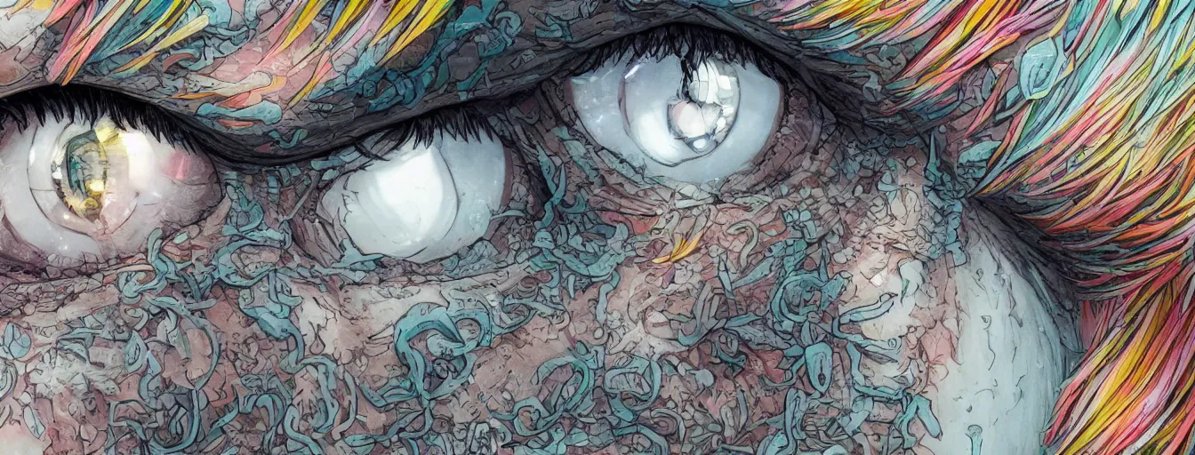 Prompt: close up of two eyes, determined and rage at the futility of life. hyperrealistic anime background illustration by kim jung gi, colorful, extremely detailed intricate linework, smooth, super sharp focus, bright colors, high contrast, matte, octopath traveler, unreal engine 5 highly rendered, global illumination, radiant light