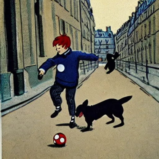 Image similar to book illustration of a french boy on the streets of paris playing football against a corgi, the dog is wearing a polka dot scarf, 1 9 6 6