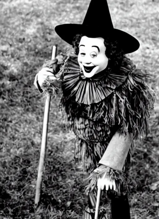 Image similar to still of ronald mcdonald in the wizard of oz movie, gloomy atmosphere