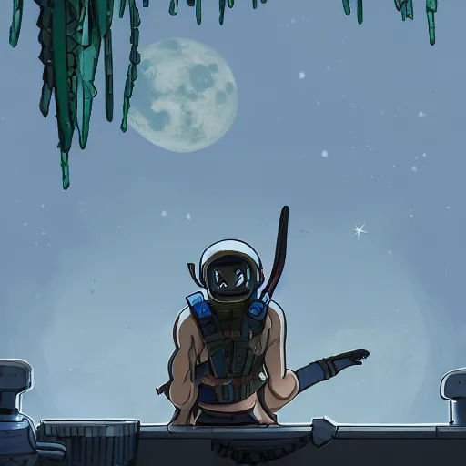 Image similar to a lunarpunk ninja on the roof of the building watching the lunarpunk city, overhead view, digital art, trending on artstation, behance, deviantart,