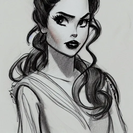 Image similar to milt kahl sketch of vanessa hudgeons with done up hair, tendrils covering face and ponytail as princess padme from star wars episode 3