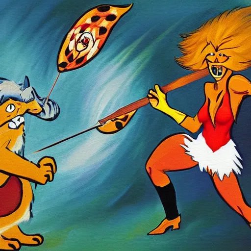 Image similar to impressionist painting of fallon sherrock playing darts with snarf from thundercats