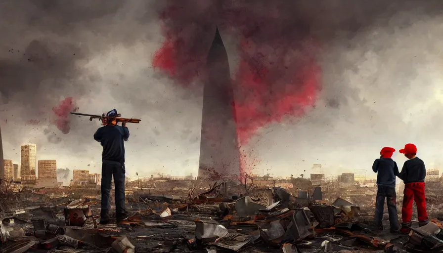 Prompt: father with shotgun and his son with red hat looking at destroyed washington dc from a rooftop, debris, destruction, cloudy day, vegetation, hyperdetailed, artstation, cgsociety, 8 k