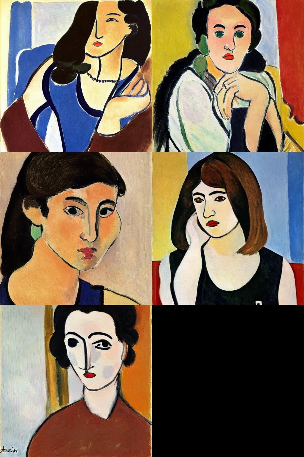 Prompt: an hd painting of a woman by henri matisse. she has straight long dark brown hair, parted in the middle. she has large dark brown eyes, a small refined nose, and thin lips. she is wearing a t - shirt with the supreme brand logo lettering on it, a sleeveless white blouse, a pair of dark brown capris, and black loafers.