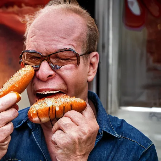 Prompt: cyborg dril eating hot dogs, photograph