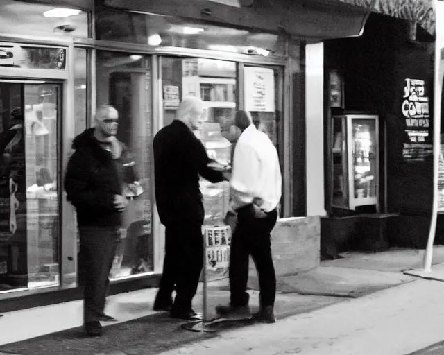 Prompt: camera footage of joe biden outside corner store with time code, high exposure, dark, monochrome, camera, grainy, CCTV, security camera footage, timestamp, zoomed out