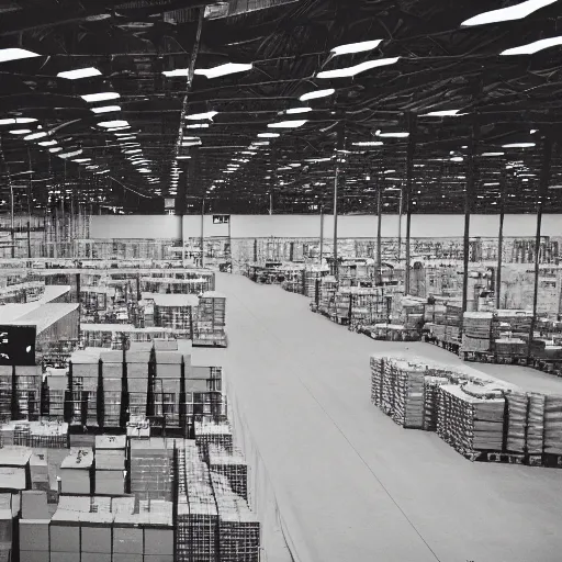 Image similar to 3 5 mm photo of the inside of an amazon warehouse at night