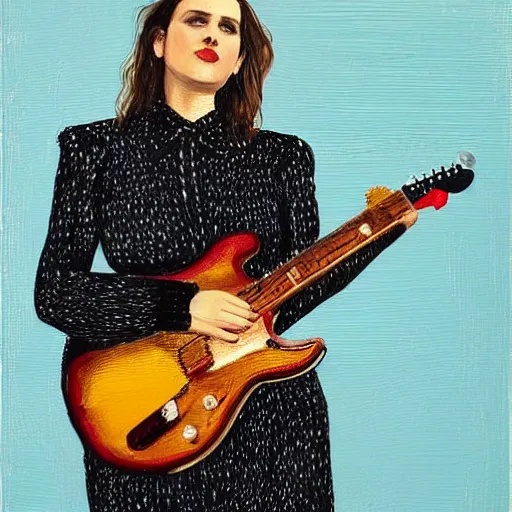 Image similar to Anna Calvi playing electric guitar, oil painting by Lucian Freud