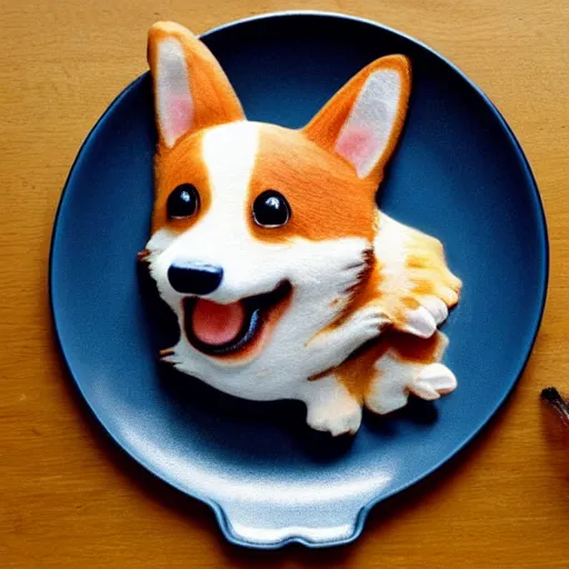 Prompt: corgi eating corgi bacon on a plate shaped like a corgi, hyper realistic, cute, photo, happy