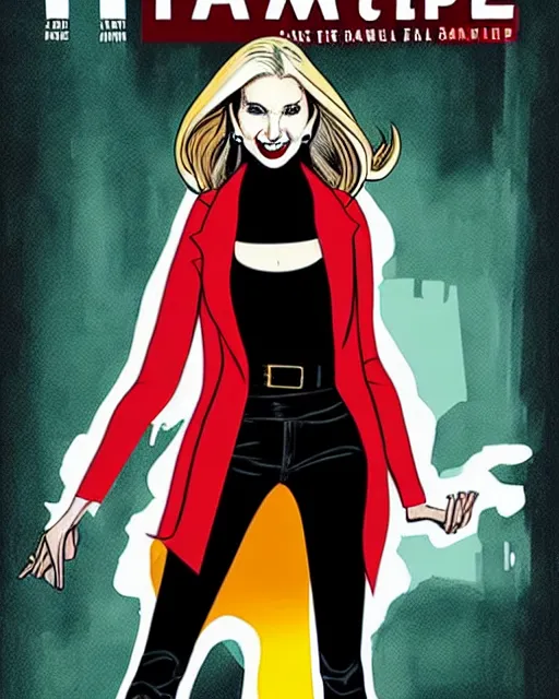 Prompt: Rafael Albuquerque comic cover art, Ivanka Trump with sharp vampire teeth, sarcastic smile, brown leather jacket, jeans, extra long hair, full body, Trump Tower on fire, cool colors