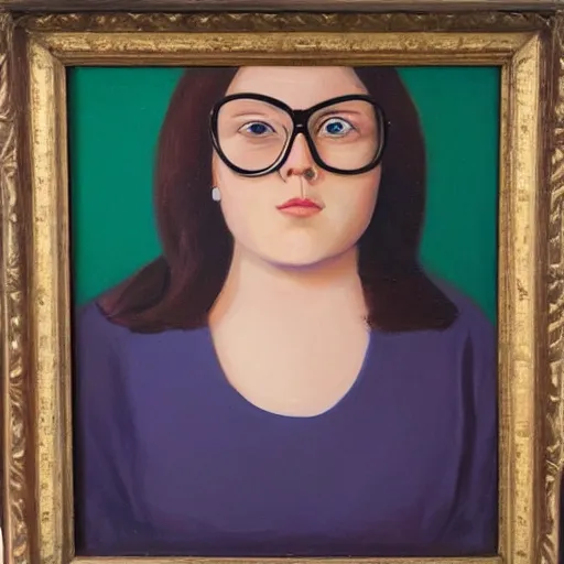 Prompt: portrait of young woman, big!!!!!!!! nerdy glasses!!!, oil painting