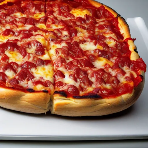 Image similar to a professional promotional photo of gorgeous chicago style deep dish pizza, delicious!! slice, award winning