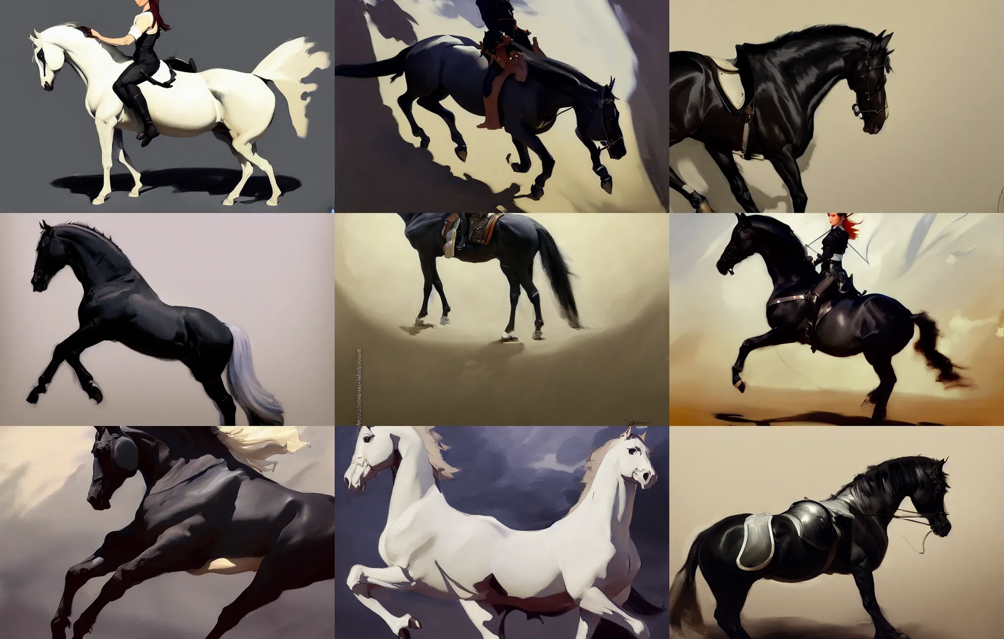 Prompt: cloth fabric black white horse stallion jodhpurs side view greg manchess painting by sargent and leyendecker, studio ghibli, fantasy, medium shot, asymmetrical, intricate, elegant, matte painting, illustration, hearthstone, by greg rutkowski, by greg tocchini, by james gilleard, by joe fenton