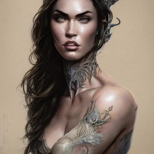 Image similar to portrait of megan fox, muscular upper body, fantasy, intricate, elegant, highly detailed, digital painting, artstation, concept art, matte, sharp focus, illustration, art by aenaluck and roberto ferri and greg rutkowski, epic fantasy, digital painting