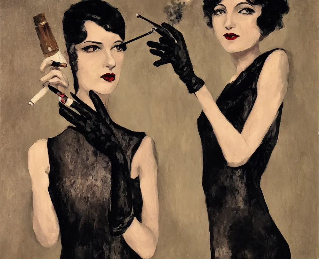 Prompt: realistic painting of a 1 9 2 0 s short - haired flapper woman in black satin gloves holding a long cigarette holder, at a jazz party in a dimly lit speakeasy, realism painting, precise, cohesive, stylistic, cinematic, low - lighting