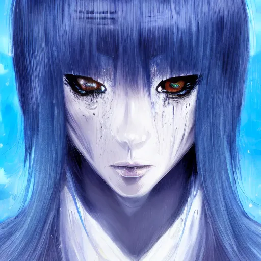 Image similar to full face shot of rimuru tempest, sky blue straight hair, long bangs, closed eyes, wearing a fancy black jacket, high collar, ultra detailed, brush strokes, digital painting, cinematic, wlop artstation, closeup, pixiv, eerie, scary, overpowering, evil, yoshitaka amano, andy warhol,