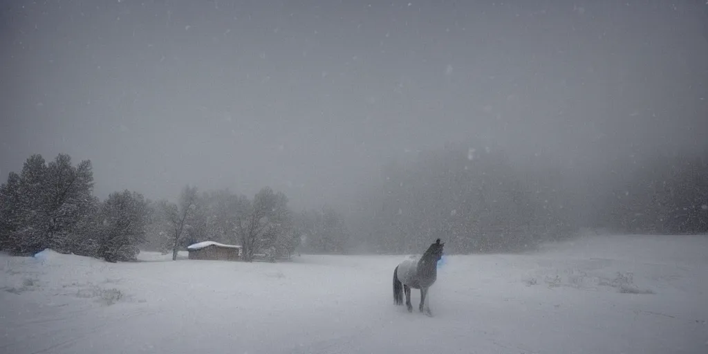 Prompt: photo of green river, wyoming, native american cliff dwellings, covered in ice and snow, during a snowstorm. a horse appears as a hazy silhouette in the distance. cold color temperature. blue hour morning light, snow storm. hazy atmosphere. humidity haze. kodak ektachrome, greenish expired film, award winning, low contrast.