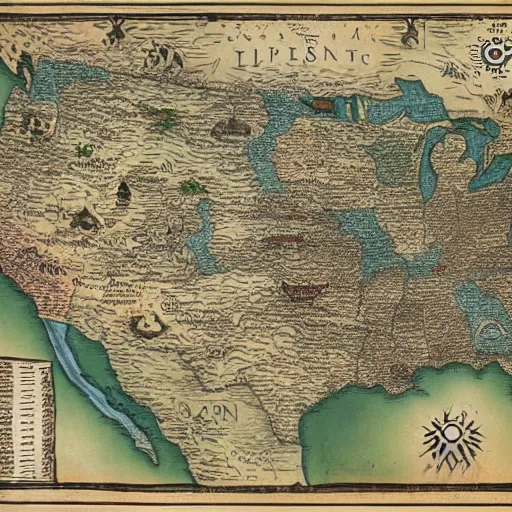 Image similar to ancient elvish map of the united states, lord of the rings, j r r tolkien