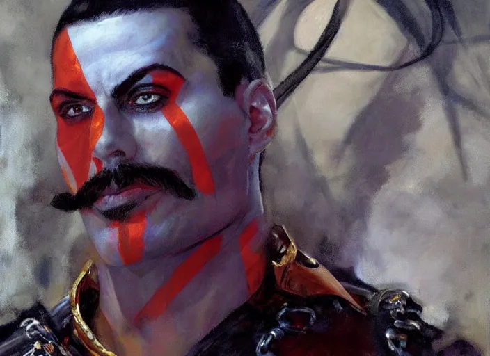 Image similar to a highly detailed beautiful portrait of freddie mercury as kratos, by gregory manchess, james gurney, james jean