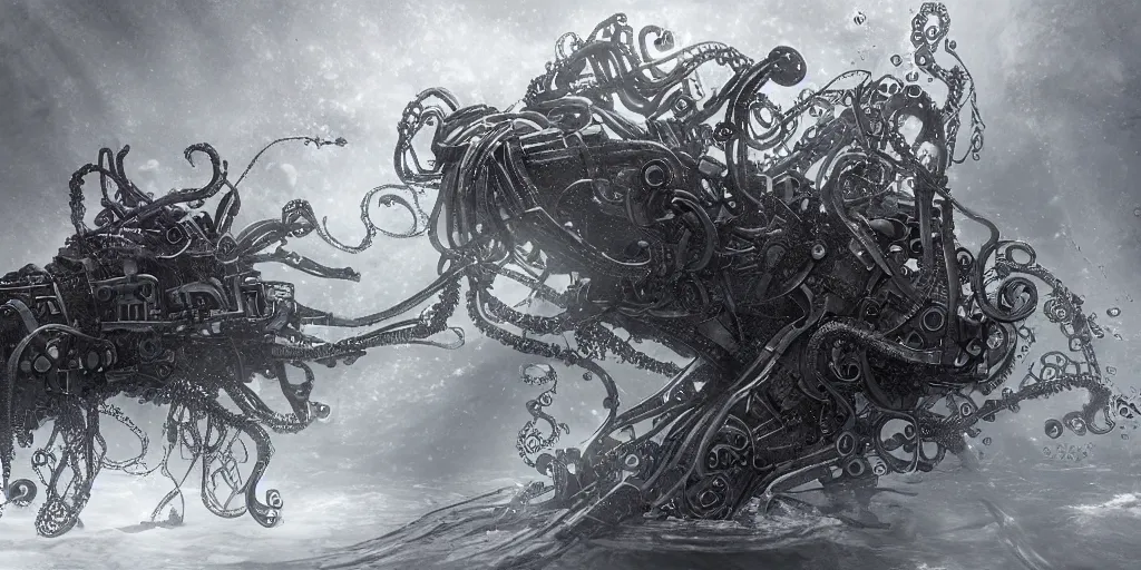 Image similar to A mechanical Lovecraftian Nightmare deep underwater, digital art, trending on artstation